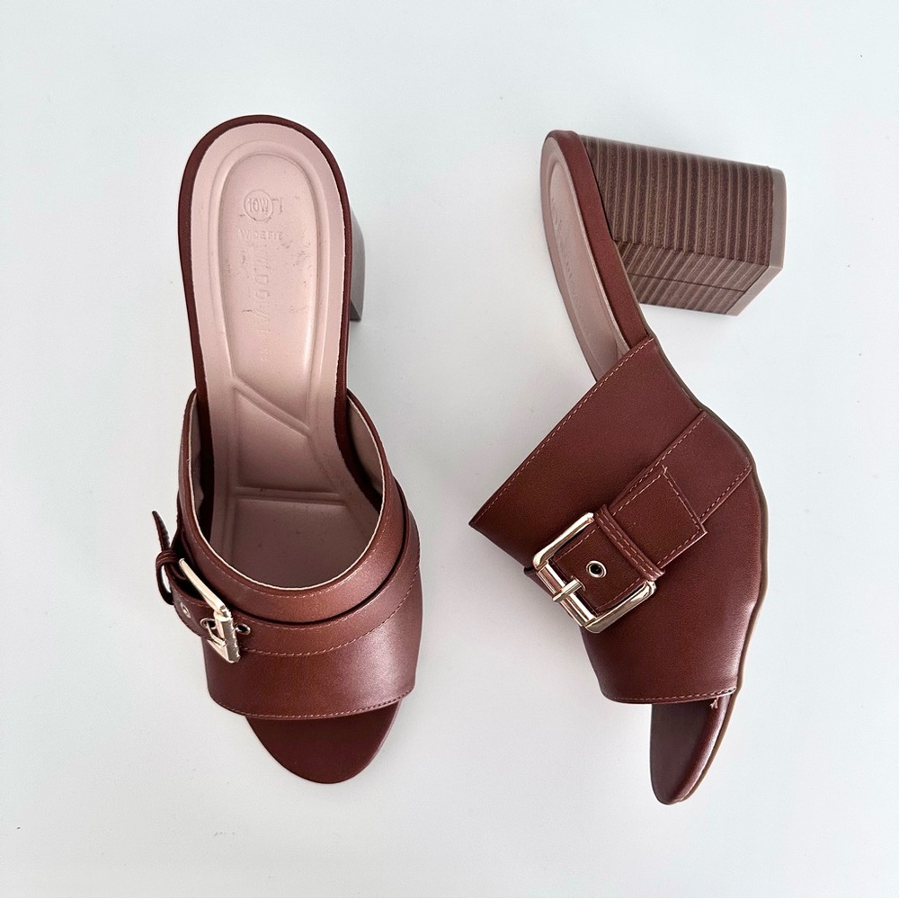 Chunky Brown Buckle Leather Heels